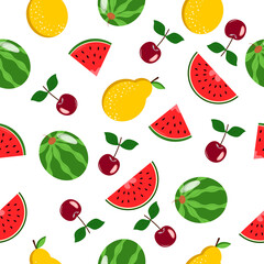 Seamless pattern with pear, cherry and watermelon