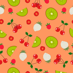 Seamless pattern with strawberry, cherry and kiwi