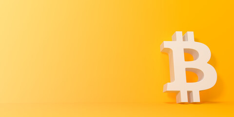 Symbol bitcoin on a yellow background. Money sign. Minimal creative concept. 3d rendering 3d illustration