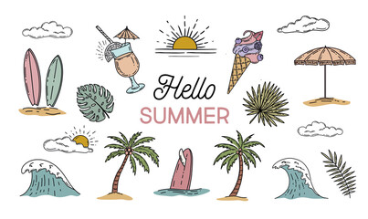 Summer icon set, hand drawn illustration.	
 - obrazy, fototapety, plakaty