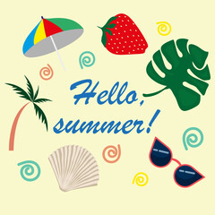 "Hello, summer!", postcard, banner with the image of leaves, palm trees, glasses, strawberries, shells, umbrella in the flat style on a yellow background