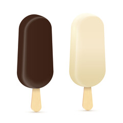 Ice cream bars, 3d eskimo set, realistic sundae on stick with vanilla flavor and glaze