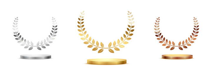 Golden, silver and bronze award signs with podiums laurel wreath isolated on white background. Vector award design templates. © backup16