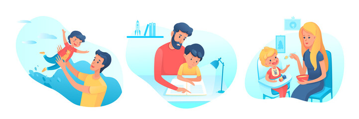 Happy family time together set, father holding son, dad and kid study with book at home