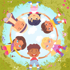 Diversity group of happy school friends holding hands, smiling children dance in circle