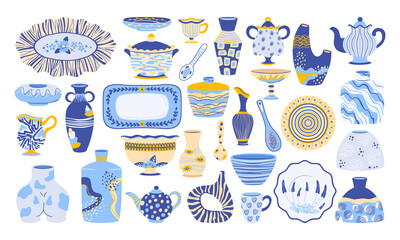 Doodle crockery, ceramic tableware, decorative kitchen pottery. Decorative pottery, dishes, bowls and plates vector symbols illustrations set. Collection of clay ceramic crockery