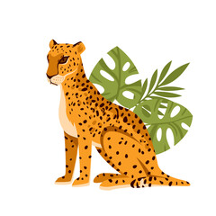 Leopard, African exotic wild big cat sitting among green tropical leaves vector illustration. Cartoon cute portrait of predator in jungle or rainforest of Africa isolated on white. Wildlife concept