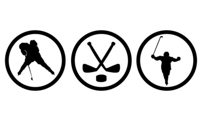 A set of stickers in a round frame with hockey players, hockey sticks and a puck. Isolated black silhouette on a white background