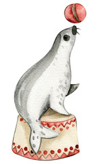 Watercolor circus cute animals clown mice mask horse