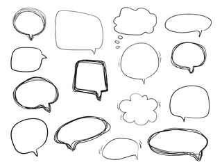 Hand drawn think and talk speech bubbles. Abstract symbols on white. Pattern of loot for words. Line art. Collection of different signs. Black and white illustration