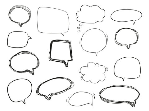 Hand drawn think and talk speech bubbles. Abstract symbols on white. Pattern of loot for words. Line art. Collection of different signs. Black and white illustration