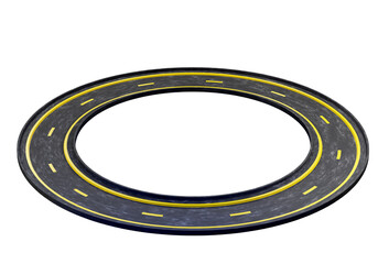 Ring road on white. Concept of delivery and transport logistics. Ring road with yellow markings. Highway for cars is isolated. Asphalt road without cars. Transport traffic. 3d rendering.