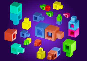 Children background with toys. Parts for baby constructor. Bricks for education in preschool. Background from rainbow toy bricks. Multicolored toy bricks on purple. Colored plastic blocks. 3d image.