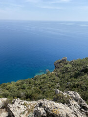 Panoramic view of Kemer, Turkey. View from the height through the pine trees of the Mediterranean coast. Chalysh mountain in Kemer, Turkey
