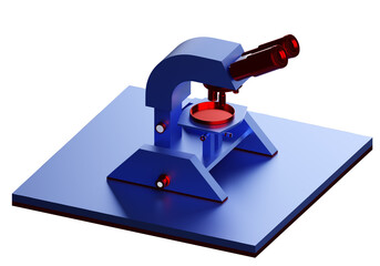 Researcher's microscope. Blue microscope on white. Microscope for detailed examination of test sample. Instrument for multiple magnification in laboratory. Laboratory equipment close-up. 3d image.