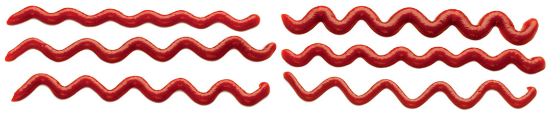 Ketchup spots and lines. Collection of different ketchup shapes isolated on white background.