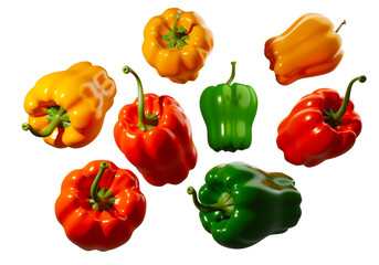 Bell peppers in different colors. Multicolored fresh vegetables. Set of bell peppers on white. Concept of vegetarianism and healthy eating. Fresh Bulgarian peppers background. 3d rendering.