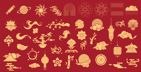 Naklejka premium Chinese traditional patterns, flowers, lanterns, clouds, elements and ornaments. Vector decorative jewelry collection in Chinese and Japanese style.