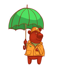 A cute bear in a raincoat and with an umbrella. Vector illustration for design or textile print