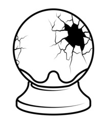 Shattered magic crystal ball of diviner. Uncertain future, impossibility of planning. Simple black and white vector isolated on white background
