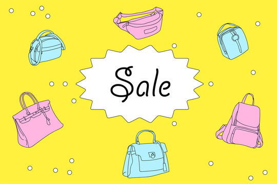 Sale in the bag shop. Fashion colorful bags drawn a line art pink and blue