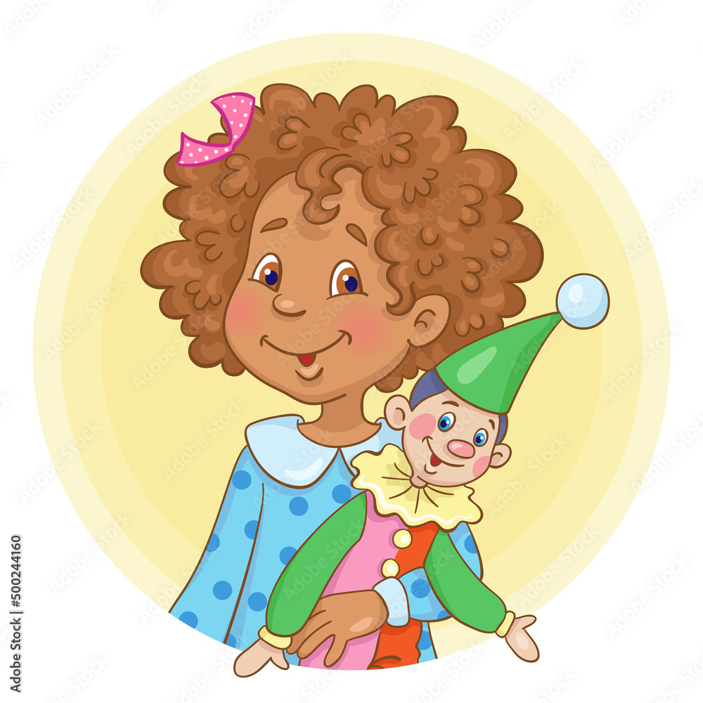 Canvas Prints Cute little African American girl with a favorite toy clown. Avatar icon in cartoon style. Isolated on white background. Vector illustration