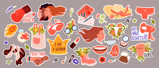 Fototapeta na wymiar Beauty and fashion stickers for women with support phrases set vector illustration. Cartoon feminism motivation symbols collection with flowers, long hair woman, protest fist and female solidarity