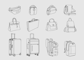 Set Fashion bags, case diplomat, briefcase, backpack, bag banana, suitcase, Tactical Backpack drawn black and white line art Illustration