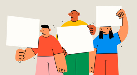 Group of diverse people standing and holding blank empty white Banners. Advertising, protest, demonstration, revolution, meeting concept. Cartoon characters. Hand drawn Vector illustration