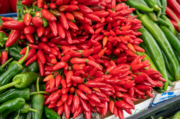Bunches of red hot chili peppers for sale on market