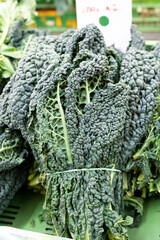 Bunch of dark green fresh cavolo nero black cabbage leaves on market