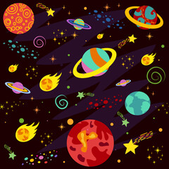 seamless pattern with space objects, planets, rockets, stars, comets, spaceships in cartoon style. vector illustration