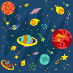 Naklejka na ściany i meble seamless pattern with space objects, planets, rockets, stars, comets, spaceships in cartoon style. vector illustration
