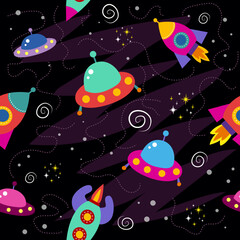 seamless pattern with space objects, planets, rockets, stars, comets, spaceships in cartoon style. vector illustration