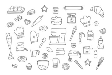 Hand drawn template with baking and cooking equipment. Doodle sketch style illustration.