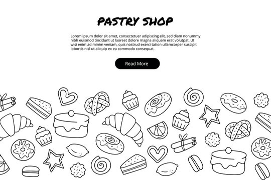 Hand drawn template with sweets such as cake, donut, cupcake, croissant. Doodle sketch style. Illustration for pastry shop.