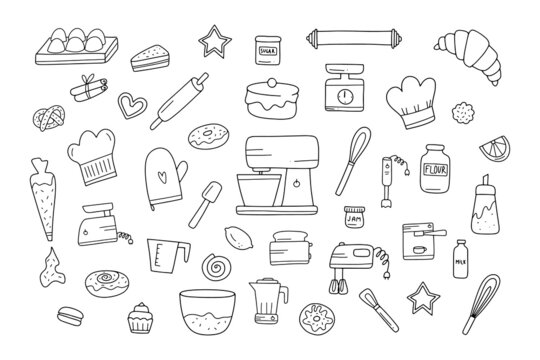 Hand drawn template with baking and cooking equipment. Doodle sketch style illustration.