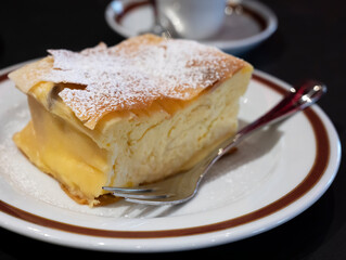 Austrian sweet dessert, filled with white cheese strudel served warm in traditional cafe in Vienna, Austria