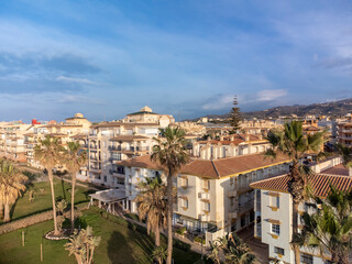 Fototapeta na wymiar Aerial panoramic view on coastline in Torrox Costa, Costa del Sol, small touristic town between Malaga and Nerja, Andalusia, Spain