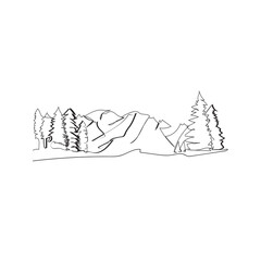 Continuous line drawing. mountains with lots of green trees illustration icon vector