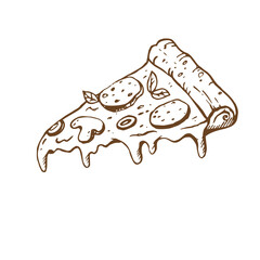 Hand drawn sketch pizza slice. Pizza with salami,mushrooms, basil leaf and melted cheese for pizzeria package and menu designs. Fast food.
