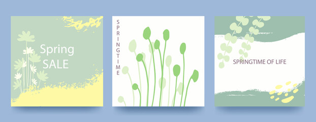 Spring green square backgrounds. Minimalistic style with floral elements and texture. Editable template.Vector
