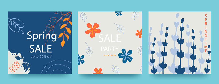 Spring bright square backgrounds. Minimalistic style with floral elements and texture. Editable template. Sale banners. Vector