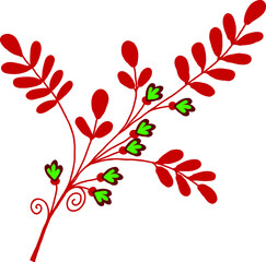 A small twig with red leaves and small flowers. Vector file for designs.