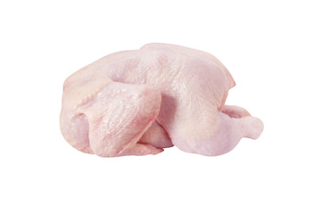 Whole raw chicken isolated on white background. Fresh uncooked broiler hen with skin for cooking. Side view.