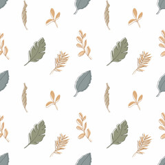 Obraz premium Seamless pattern with different tropic leaves on white background. Modern Scandinavian style illustration, perfect for greeting cards, wall art, wrapping paper, etc.