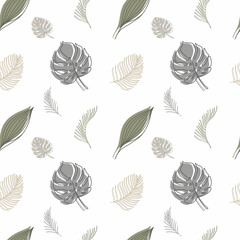 Seamless pattern with different tropic leaves on white background. Modern Scandinavian style illustration, perfect for greeting cards, wall art, wrapping paper, etc.