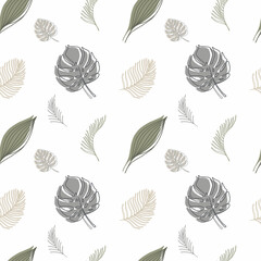 Seamless pattern with different tropic leaves on white background. Modern Scandinavian style illustration, perfect for greeting cards, wall art, wrapping paper, etc.