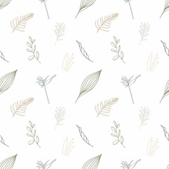 Seamless pattern with different tropic leaves on white background. Modern Scandinavian style illustration, perfect for greeting cards, wall art, wrapping paper, etc.