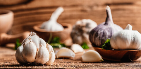 Fresh white organic garlic cloves and bulb on wooden backround with wood bowl. Fresh peeled garlics.